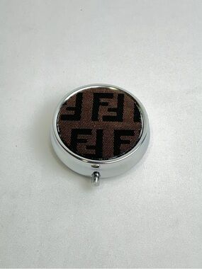 Fendi Brown Monogram Cloth Canvas Silver Pill Box Case